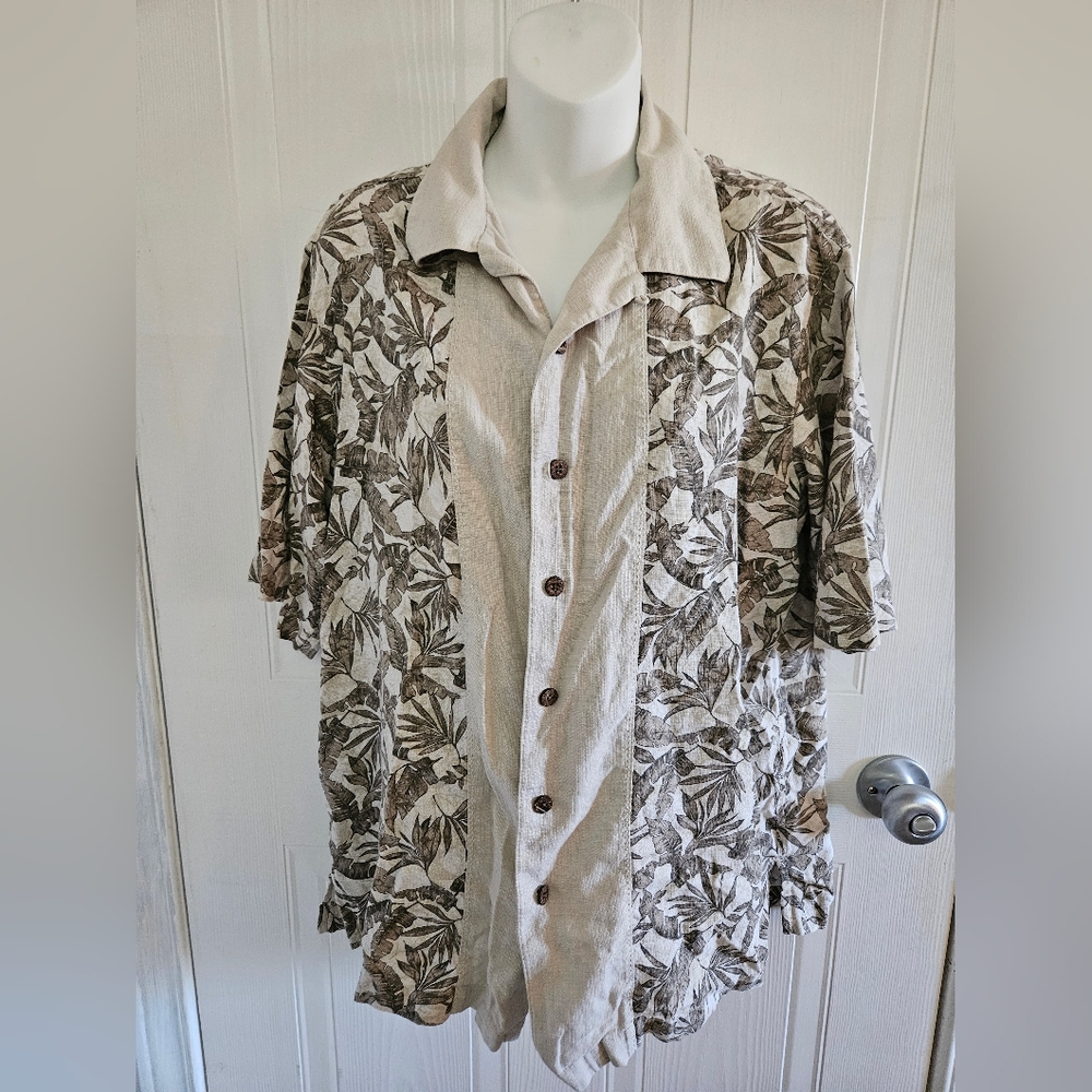 Caribbean Hawaiian Shirt Mens  Beige Textured Silk Blend M